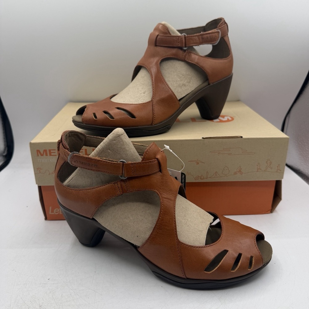 Merrell Cycling Evera Shift Sandals Womens Sz 8.5‎ Tan Leather Peep Toe J57696